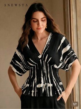 Anewsta Elegant Ink Painting Pleated Texture Blouse Size L